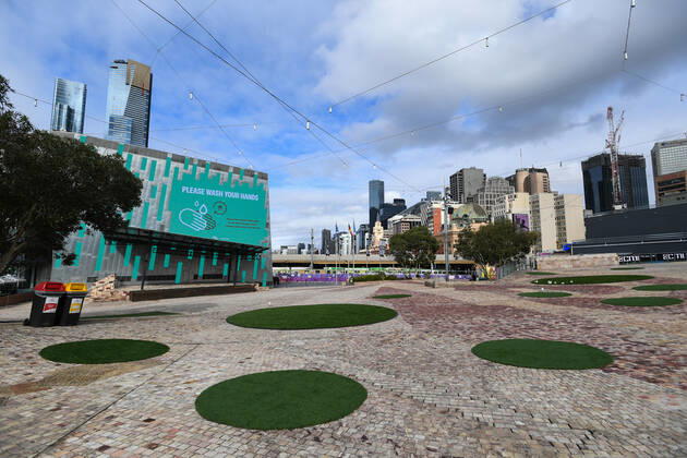 VICTORIA CORONAVIRUS COVID19, An empty Federation Square is seen in Melbourne, Saturday, February 13, 2021. Victoria has entered a short, sharp circuit-breaker lockdown for five days amid fears the highly infectious UK strain of coronavirus has spread in the community. ( NO ARCHIVING, EDITORIAL USE ONLY, NO USE IN BOOKS WITHOUT CONSENT MELBOURNE VIC AUSTRALIA  Copyright: xERIKxANDERSONx 20210213001520219446