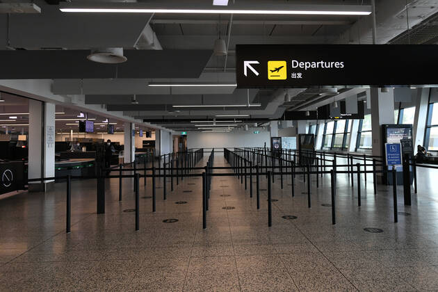 VICTORIA CORONAVIRUS COVID19, An empty queue is seen at the domestic security terminal at Melbourne Airport in Melbourne, Saturday, February 13, 2021. Victoria has entered a short, sharp circuit-breaker lockdown for five days amid fears the highly infectious UK strain of coronavirus has spread in the community. ( NO ARCHIVING, EDITORIAL USE ONLY, NO USE IN BOOKS WITHOUT CONSENT MELBOURNE VIC AUSTRALIA  Copyright: xERIKxANDERSONx 20210213001520257614