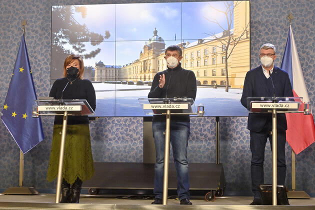 L-R Czech Finance Minister Alena Schillerova, Prime Minister Andrej Babis and Deputy Prime Minister and Minister of Industry and Trade and Transport Karel Havlicek speak during a press conference after government talks with governors on COVID-19 measures and prolongation of state of emergency, on February 14, 2021, in Prague, Czech Republic. (CTKxPhoto VitxSimanek) CTKPhotoP202102140689501  VIS 004