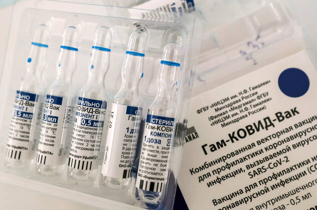ST PETERSBURG, RUSSIA â€” FEBRUARY 15, 2021: The photo shows vials containing the Gam-COVID-Vac vaccine (under the brand name of Sputnik V) during a visit by a COVID-19 vaccination team to No 7 Neuropsychiatric Boarding School. Alexander Demianchuk TASS  TS0F6D0D