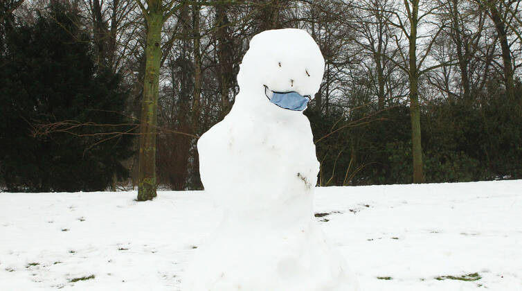 A snowman with a mask stands in the Hamburg city park Winterhude Hamburg