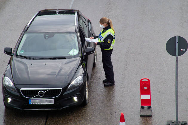 Policemen control every vehicle entering the border from Tyrol, Tirol to Germany due to the Corona virus disease (COVID-19) and mutations. on February 16, 2021 in Füssen, Bavaria, Germany