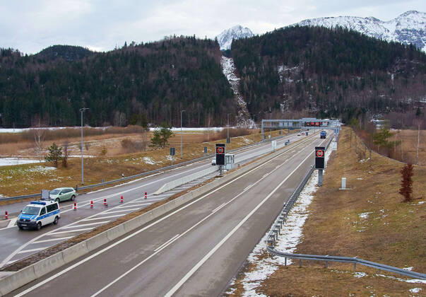 Policemen control every vehicle entering the border from Tyrol, Tirol to Germany due to the Corona virus disease (COVID-19) and mutations. on February 16, 2021 in Füssen, Bavaria, Germany