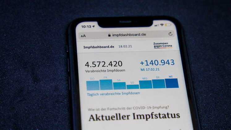 Vaccination dashboard of the Federal Ministry of Health Current vaccination status DEU, Germany, Berlin, 18 02 2021 Impfdashboard de As of 18 February 2021, 09 45 h, displayed on an iPhone Progress of COVIDâ â 19â â vaccination.