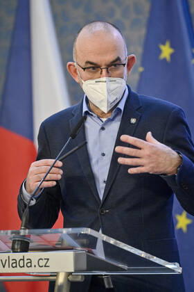 Czech Health Minister Jan Blatny, wearing face mask to prevent the spread of the coronavirus, speaks to journalists during the press conference after the government meeting in Prague, Czech Republic, February 19, 2021. The Czech Health Ministry will order the wearing of respirators, nano masks or two surgical face masks in shops, public transport and other public places with a high concentration of people on Monday, February 22. Various home-made textile masks cannot be considered a significant protection anymore. (CTKxPhoto VitxSimanek) CTKPhotoP202102190424101  VIS 005