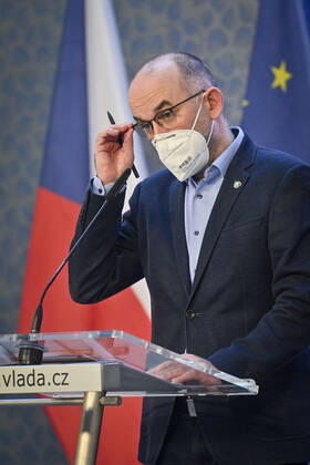Czech Health Minister Jan Blatny, wearing face mask to prevent the spread of the coronavirus, speaks to journalists during the press conference after the government meeting in Prague, Czech Republic, February 19, 2021. The Czech Health Ministry will order the wearing of respirators, nano masks or two surgical face masks in shops, public transport and other public places with a high concentration of people on Monday, February 22. Various home-made textile masks cannot be considered a significant protection anymore. (CTKxPhoto VitxSimanek) CTKPhotoP202102190424301  VIS 006
