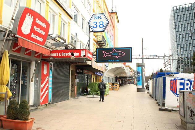 Closed shops on the nearly deserted Reeperbahn in Hamburg St Pauli during the lockdown St Pauli Hamburg