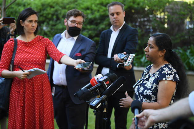 NSW COVID19 VACCINE ROLLOUT, Gayathry Vellangalloor, the first person to receive the Pfizer jab in NSW, speaks to media following the start of the COVID-19 vaccination program at Royal Prince Alfred Hospital in Sydney, Monday, February 22, 2021. ( NO ARCHIVING, EDITORIAL USE ONLY, NO USE IN BOOKS WITHOUT CONSENT SYDNEY NSW AUSTRALIA  Copyright: xJOELxCARRETTx 20210222001522239528