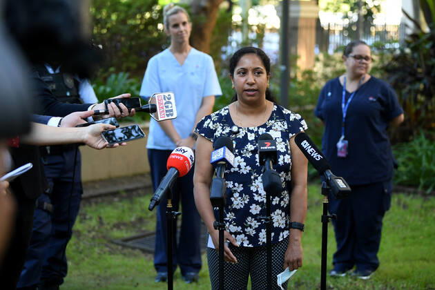 NSW COVID19 VACCINE ROLLOUT, Gayathry Vellangalloor, the first person to receive the Pfizer jab in NSW, speaks to media following the start of the COVID-19 vaccination program at Royal Prince Alfred Hospital in Sydney, Monday, February 22, 2021. ( NO ARCHIVING, EDITORIAL USE ONLY, NO USE IN BOOKS WITHOUT CONSENT SYDNEY NSW AUSTRALIA  Copyright: xJOELxCARRETTx 20210222001522239557