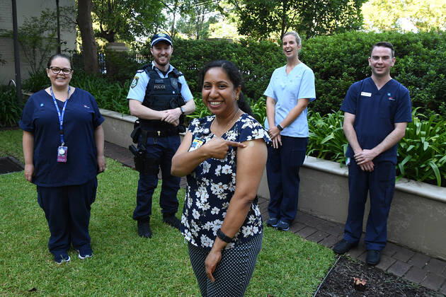 NSW COVID19 VACCINE ROLLOUT, Gayathry Vellangalloor, the first person to receive the Pfizer jab in NSW, poses for a photo following the start of the COVID-19 vaccination program at Royal Prince Alfred Hospital in Sydney, Monday, February 22, 2021. ( NO ARCHIVING, EDITORIAL USE ONLY, NO USE IN BOOKS WITHOUT CONSENT SYDNEY NSW AUSTRALIA  Copyright: xJOELxCARRETTx 20210222001522240635