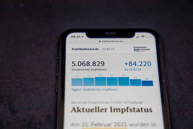 Vaccination dashboard of the Federal Ministry of Health Current vaccination status DEU, Germany, Berlin, 22 02 2021 Impfdashboard de Status 22 February 2021, 09 05 clock, displayed on an iPhone progress of COVIDâ â 19â â vaccination.