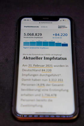 Vaccination dashboard of the Federal Ministry of Health Current vaccination status DEU, Germany, Berlin, 22 02 2021 Impfdashboard de Status 22 February 2021, 09 05 clock, displayed on an iPhone progress of COVIDâ â 19â â vaccination.