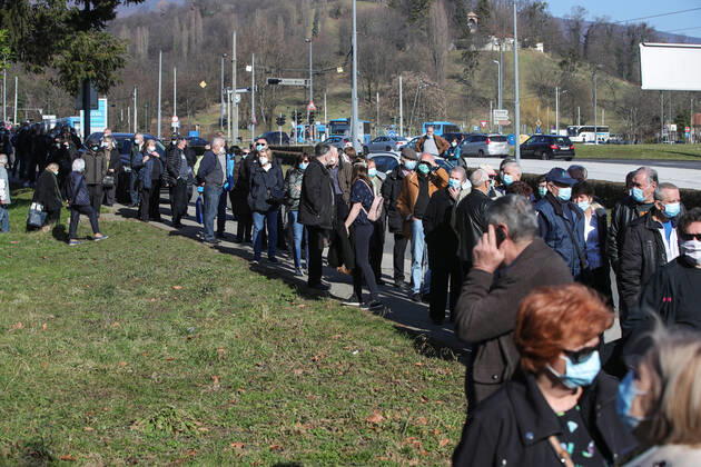 Vaccination in Zagreb, Croatia People wait in line to receive coronavirus disease (COVID-19) vaccine during a mass vaccination in Zagreb, Croatia on February 23, 2021. SanjinxStrukic PIXSELL