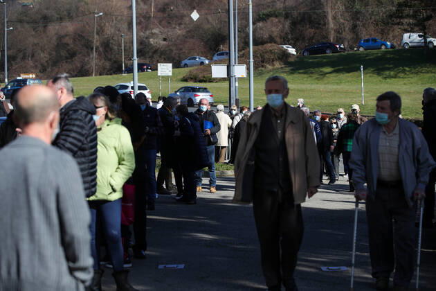 Vaccination in Zagreb, Croatia People wait in line to receive coronavirus disease (COVID-19) vaccine during a mass vaccination in Zagreb, Croatia on February 23, 2021. SanjinxStrukic PIXSELL