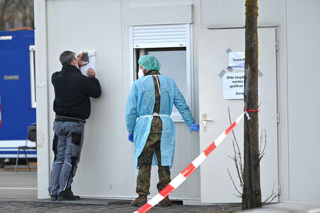 Border control at the Austrian-German border ,Border crossing Kiefersfelden test station Coronatest,Quick test,Test entry from Tyrol Austria to Bavaria Germany