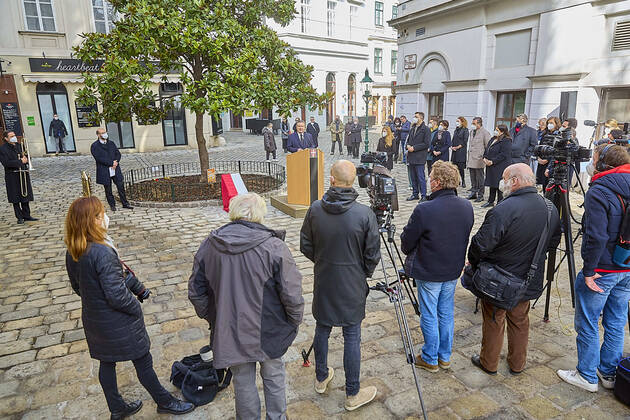 (210223) -- VIENNA, Feb. 23, 2021 -- Vienna Mayor Michael Ludwig (C) delivers a speech during a ceremony to unveil the memorial stone for the victims of the terrorist attacks in Vienna, Austria, on Feb. 23, 2021. A memorial stone for the victims of the terrorist attack on Nov. 2, 2020 was unveiled in downtown Vienna on Tuesday. (Photo by Xinhua) AUSTRIA-VIENNA-TERRORIST ATTACK-MEMORIAL STONE-UNVEILING GeorgesxSchneider 