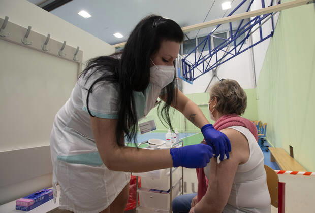 The large-capacity vaccination center against COVID-19 start trial operation on February 24, 2021, in a sports hall in Ricany, near Prague, Czech Republic. In the Czech Republic continues vaccination of seniors against coronavirus. (CTKxPhoto KaterinaxSulova) CTKPhotoP202102240399301 suk011 k