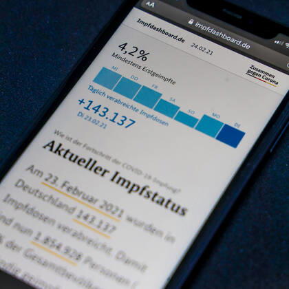 Vaccination dashboard of the Federal Ministry of Health Current vaccination status DEU, Germany, Berlin, 24 02 2021 Impfdashboard de Status 24 February 2021, 09 30 clock, displayed on an iPhone progress of COVIDâ â 19â â vaccination.
