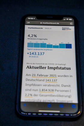 Vaccination dashboard of the Federal Ministry of Health Current vaccination status DEU, Germany, Berlin, 24 02 2021 Impfdashboard de Status 24 February 2021, 09 30 clock, displayed on an iPhone progress of COVIDâ â 19â â vaccination.