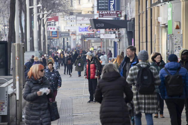 Corona virus in Austria: Rising infection rates Seit den ersten Lockerungen und der damit einhergehenden Öffnung des Handels im dritten Lockdown steigen die Infektionszahlen in Österreich wieder an. Im Bild: Die beliebte Einkaufsstraße ,,Mariahilfer Straße ist bereits am Vormittag stark frequentiert. Geschäfte werben mit Rabattaktionen um Kundinnen und Kunden. Wien, Österreich. 25.02.2021