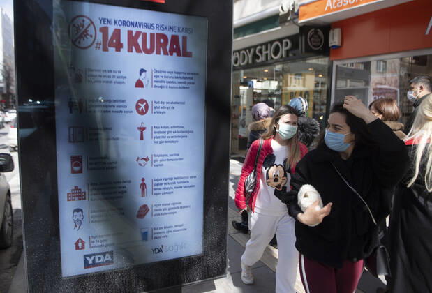 People wearing face masks walk on a street in Ankara, Turkey, on march 2, 2021. Turkey has confirmed 28,706 deaths and 2,723,316 positive cases of the coronavirus infection in the country. (Abdurrahman Antakyali Depo Photos) Copyright: AbdurrahmanxAntakyalix-xDepoxPho 17052907
