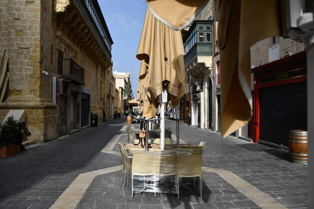(210305) -- VALLETTA, March 5, 2021 -- Photo taken on March 5, 2021 shows closed dining area of a restaurant in Valletta, Malta. Malta has ordered the closure of the country s restaurants along with clubs, bars and places of entertainment until April 11 in a raft of measures to contain the spread of COVID-19, Prime Minister Robert Abela said on Thursday. (Photo by Xinhua) MALTA-VALLETTA-COVID-19-MEASURES JonathanxBorg 