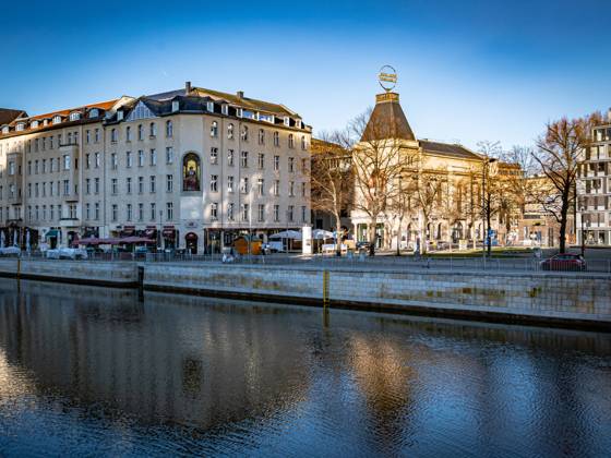 Berlin Mitte , Theater Berliner Ensemble BE at Schiffbauerdamm, with river Spree as well as mouth of the river Panke Opening center left Berlin