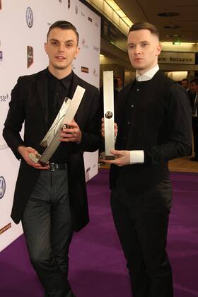 Award winner Hurts at the Echo 2011 the German Music Award at the award winner wall in the Messe Berlin at the radio tower It is the 20 Echo 20 years Echo Copyright: xEventpress Herrmannx