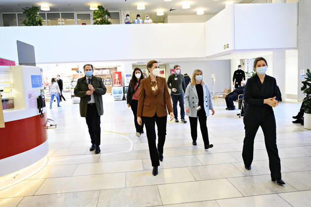 Prime Minister Mette Frederiksen S, Regional Council President Sophie Haestorp Andersen S and Hospital Director at Herlev and Gentofte Hospital Anne Jastrup Okkels, as the Prime Minister visits Herlev Hospital on Thursday 11 March 2021, Herlev Denmark Copyright: PhilipxDavali PhilipxDavalix cop106 spdk20210311-133411-L