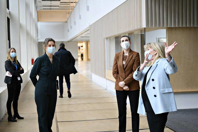 Prime Minister Mette Frederiksen S, Regional Council President Sophie Haestorp Andersen S and Hospital Director at Herlev and Gentofte Hospital Anne Jastrup Okkels, as the Prime Minister visits Herlev Hospital on Thursday 11 March 2021, Herlev Denmark Copyright: PhilipxDavali PhilipxDavalix cop106 spdk20210311-133418-L