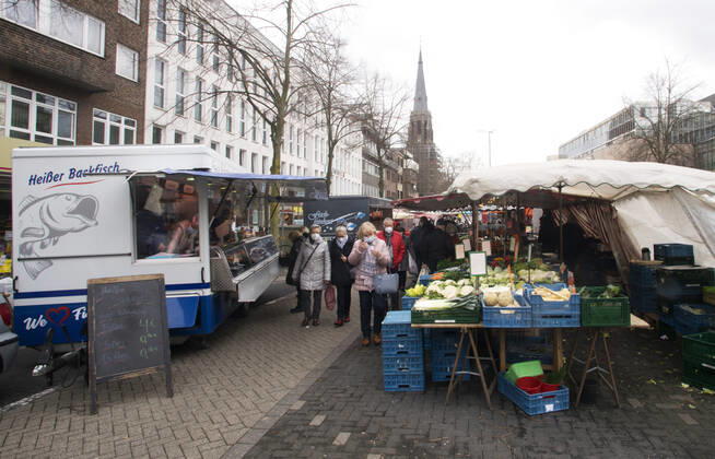 The Moers city center in Corona times view of the Moers weekly market in Corona times Moers Germany North Rhine Westphalia