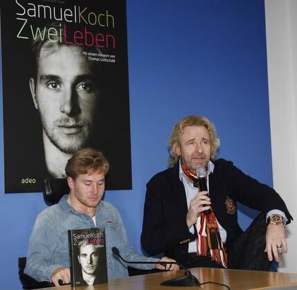 Samuel Koch and Thomas Gottschalk at the book launch of the Adeo publishing house Samuel Koch Two Lives in the House of the Federal Press Conference in Berlin Copyright: xEventpressxRadkex