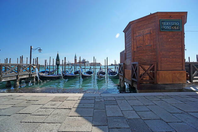 VENICE, LOCKDOWN SECOND SEASON Lockdown second season in Venice, gondola rent service stopped due to covid emergency, in st. Markus pier. Venezia Italy