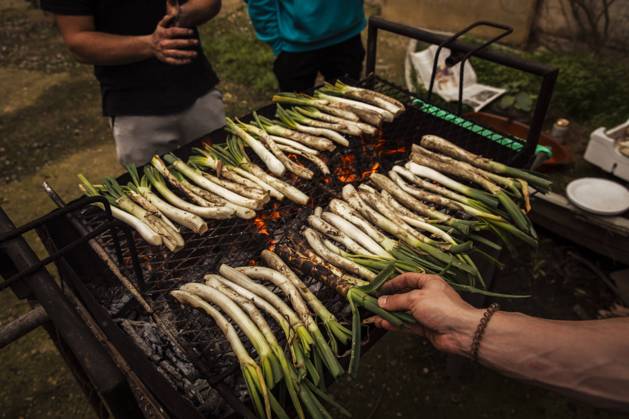Friends preparing Calcots on barbecue while standing at backyard model released Symbolfoto ACPF01149