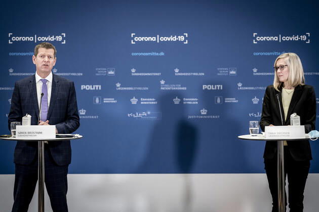 Head of Unit at the Danish Medicines Agency, Tanja Erichsen and Director of the National Board of Health, Soeren Brostroem, will hold a press briefing on the status of examination of the AstraZeneca vaccine, which has been on a 14-day break and will take place in Eigtveds Warehouse in Copenhagen, Thursday 25 March 2021, Copenhagen Denmark  Copyright: RitzauxScanpix MadsxClausxRasmussenx COP107 spdk20210325-141001-L