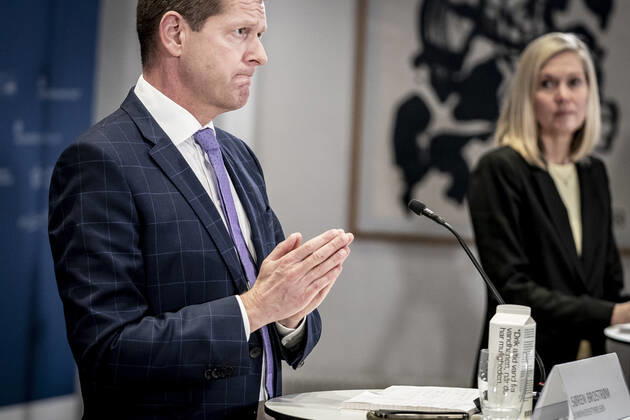 Head of Unit at the Danish Medicines Agency, Tanja Erichsen and Director of the National Board of Health, Soeren Brostroem, will hold a press briefing on the status of examination of the AstraZeneca vaccine, which has been on a 14-day break and will take place in Eigtveds Warehouse in Copenhagen, Thursday 25 March 2021, Copenhagen Denmark  Copyright: RitzauxScanpix MadsxClausxRasmussenx COP107 spdk20210325-141247-L