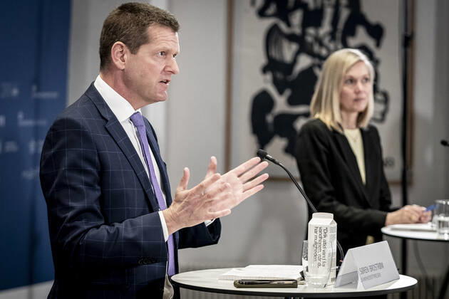 Head of Unit at the Danish Medicines Agency, Tanja Erichsen and Director of the National Board of Health, Soeren Brostroem, will hold a press briefing on the status of examination of the AstraZeneca vaccine, which has been on a 14-day break and will take place in Eigtveds Warehouse in Copenhagen, Thursday 25 March 2021, Copenhagen Denmark  Copyright: RitzauxScanpix MadsxClausxRasmussenx COP107 spdk20210325-141251-L