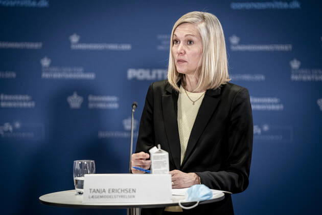 Head of Unit at the Danish Medicines Agency, Tanja Erichsen during a press briefing on the status of an examination of the AstraZeneca vaccine which has been on a 14-day break and it will take place in Eigtveds Warehouse in Copenhagen, Thursday 25 March 2021, Copenhagen Denmark  Copyright: RitzauxScanpix MadsxClausxRasmussenx COP107 spdk20210325-141321-L