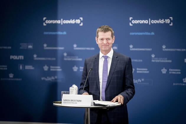 Director of the National Board of Health, Soeren Brostroem during a press briefing on the status of examination of the AstraZeneca vaccine which has been on a 14-day break and it takes place in Eigtveds Warehouse in Copenhagen, Thursday 25 March 2021, Copenhagen Denmark  Copyright: RitzauxScanpix MadsxClausxRasmussenx COP107 spdk20210325-141455-L