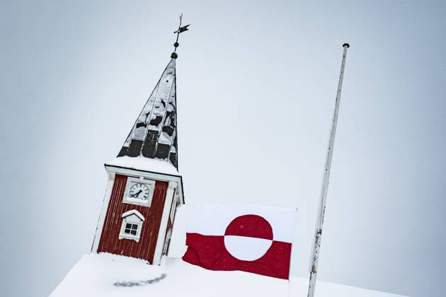 The Greenlandic flag Erfalasorput in Nuuk, Friday 2 April 2021 Elections to the Parliament of Greenland on 6 April, Nuuk Denmark  Copyright: RitzauxScanpix EmilxHelmsx cop101 spdk20210402-171131-L