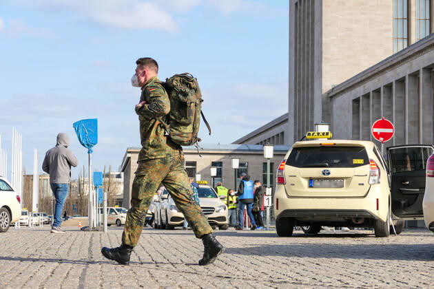 04 04 2021,Easter,Berlin,Germany,GER,Corona Vaccination Center Messe Berlin Hall 21 BioNTech A Bundeswehr soldier is on site