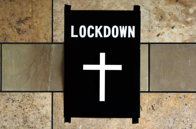 Poster death cross on wall, lockdown, shutdown, corona crisis, Stuttgart, Baden Württemberg, Germany coronavirus