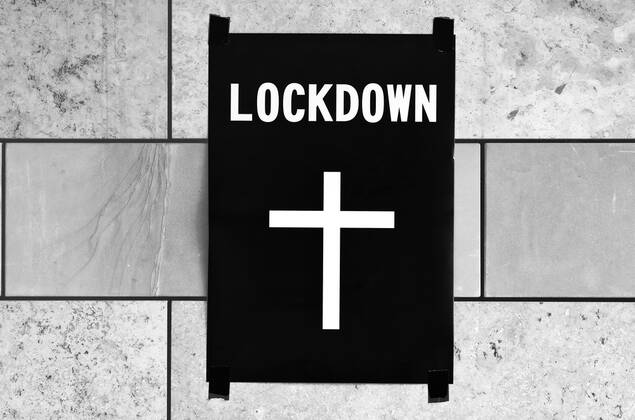 Poster death cross on wall, lockdown, shutdown, corona crisis, Stuttgart, Baden Württemberg, Germany coronavirus