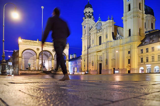 Theme image Is the bridge lockdown coming to break the third wave Nearly deserted Odeonsplatz in Munich with Feldherrnhalle and Theatiner church on 06 04 2021 Night curfew,curfew,night shot,