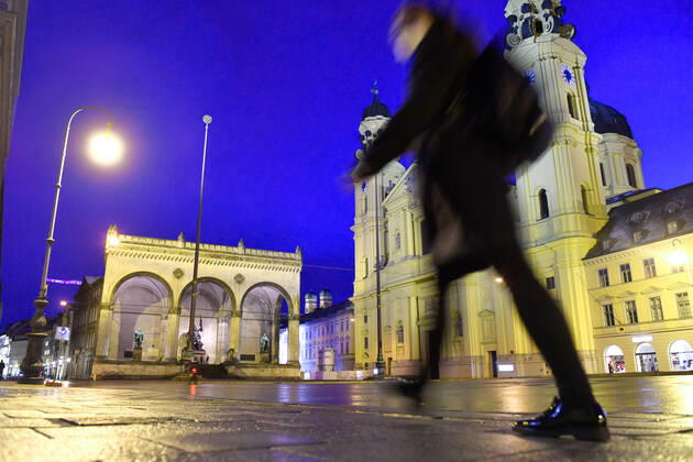 Theme image Is the bridge lockdown coming to break the third wave Nearly deserted Odeonsplatz in Munich with Feldherrnhalle and Theatiner church on 06 04 2021 Night curfew,curfew,night shot,