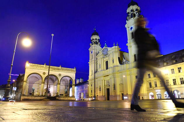 Theme image Is the bridge lockdown coming to break the third wave Nearly deserted Odeonsplatz in Munich with Feldherrnhalle and Theatiner church on 06 04 2021 Night curfew,curfew,night shot,