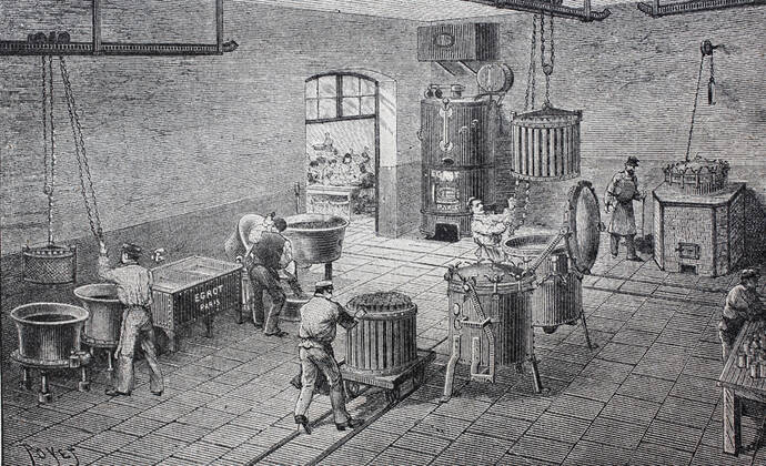Farbik for canning, company Egrot in Paris, France Farbik für Konserven, Firma Egrot in Paris, Frankreich, Historisch, historical, digital improved reproduction of an original from the 19th century digitale Reproduktion einer Originalvorlage aus dem 19. Jahrhundert, (Originaldatum nicht bekannt) 1f-4895230