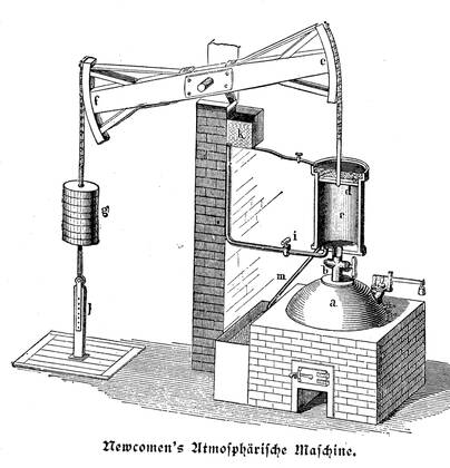Atmospheric machine according Newcomen principle drawing of the steam engine human Newco Atmosphärische Maschine nach Newcomen, Prinzipzeichnung der Newcomenschen Dampfmaschine, Historisch, historical, digital improved reproduction of an original from the 19th century digitale Reproduktion einer Originalvorlage aus dem 19. Jahrhundert, (Originaldatum nicht bekannt) 1f-4895237