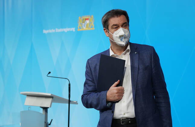 Press conference of Prime Minister Markus Söder Soeder Dr Markus Söder making small talk with some journalists after the official press conference, Munich Bavaria Germany Prinz Carl Palais