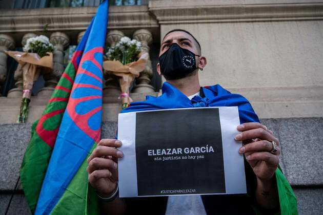 April 8, 2021, Madrid, Spain: A protester holds a placard during the demonstration..As part of the International Day of the Gypsy People, the Gypsy community in Madrid demonstrate on the street Marques de la Ensenada claiming that this street has the name of a Spanish Marquis who between 1749 and 1793 carried out an operation to exterminate the race Roma in Spain, arresting and murdering tens of thousands of Roma men, women and children, they also came together to demand justice for the death of Eleazar Garcia, a young gypsy with a severe brain disability who was detained by police and security guards at the El Molinon stadium in Gijon on September 8, 2019 during a football match of the Spanish selection. During the arrest he died of - ZUMAs197 20210408_zaa_s197_140 Copyright: xDiegoxRadamesx
